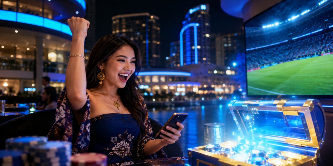 Model menggunakan aplikasi kasino dengan ekspresi tenang dan terkendali