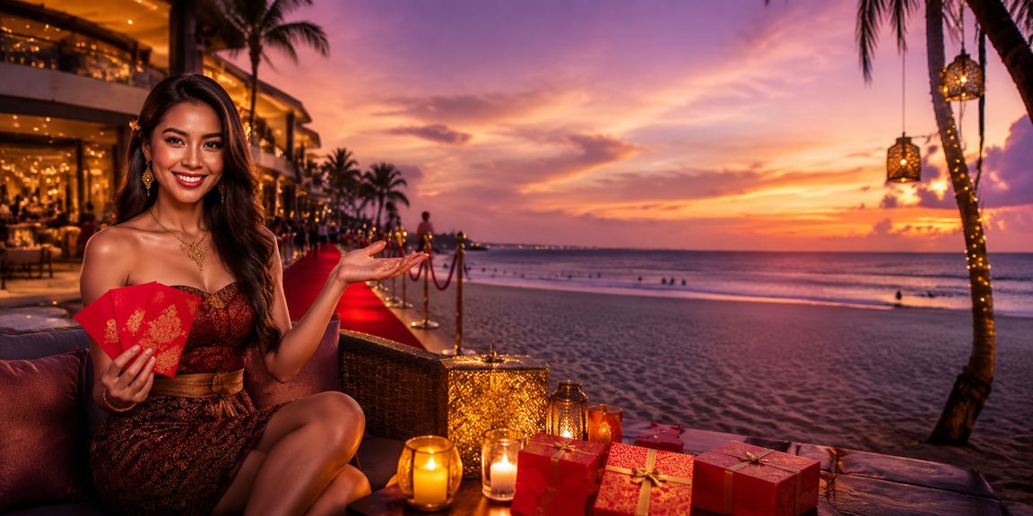 Amplop merah berisi bonus kasino di tepi pantai yang cerah
