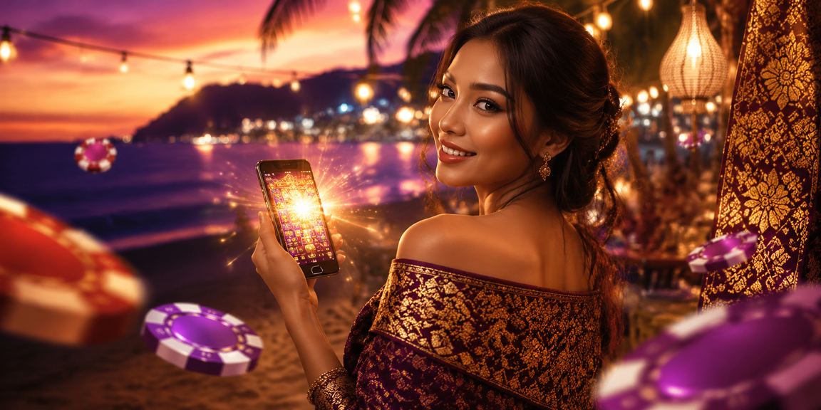 Pengguna mengakses kasino mobile di tepi pantai dengan santai