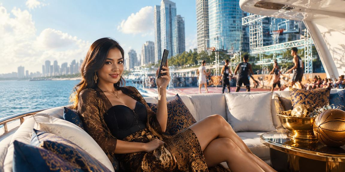Model Vietnam menonton pertandingan basket sambil memasang taruhan di ponsel